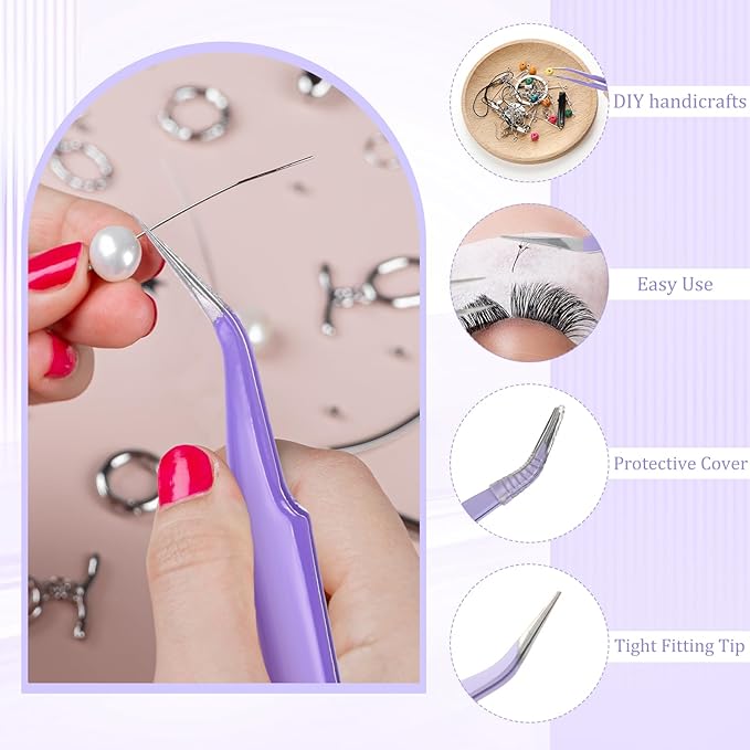 Honoson 9 Pieces Curved Pointed Craft Tweezers Stainless Steel Precision Tweezer with Protective Cover for Rhinestones Dried Flowers Craft Stickers Eyelash Extension Jewelry Making(Purple)