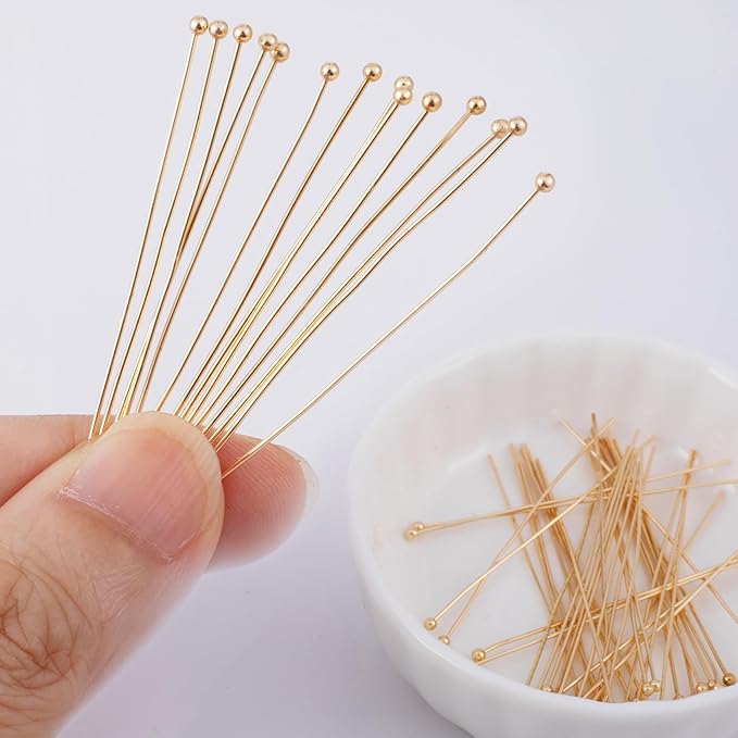 5pcs 14K Gold Plated Ball Head Pins, 50mm Brass Sewing Pins for Jewelry Making, Jewelry Making Supplies for Necklaces Bracelets Anklets DIY Crafts