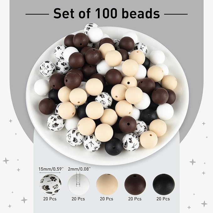 ASTARON 100 Pcs 15mm Silicone Beads for Keychain Making, Black Brown Round Beads for Bracelets Crafts Beadable Pens Decorations Jewelry Making Party Favors Supplies
