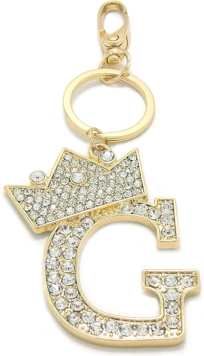 CBC Crown Crystal Rhinestone Letter Initial Keychain, Gold Metal, Bag Charm with Key Ring Approx. 2.17" x 2.56"