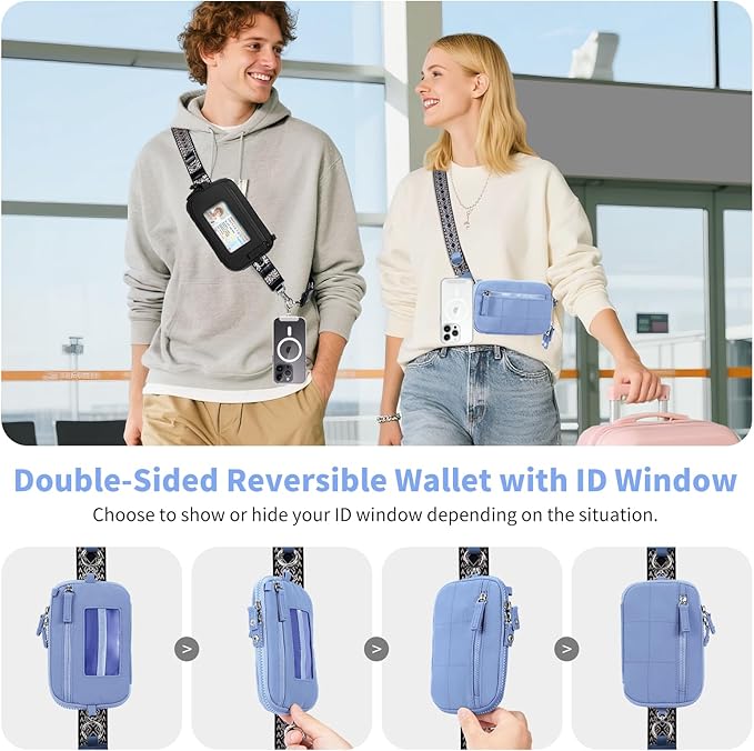 Clip and Go Strap for Phone with Wallet Crossbody Phone Lanyard with Anti-Theft Zipper Pouch Detachable Quilted Wrist Wallet with RFID and ID Window for Daily Travel. Blue