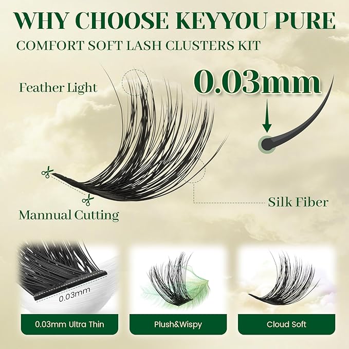 KEYYOU DIY Lash Extension Kit - 280pcs Soft Clusters - 100D Curl - Easy to Apply with Bond, Seal & Remover - At Home