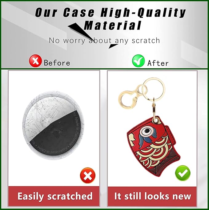 Leather Keychain Holder Case Compatible with AirTag,Cute Protective Apple Air Tag Cover with Keychain Ring,Anti-Scratch Finder GPS Tracker Case for Wallet Keys,Bag,Pets(Red Fish)