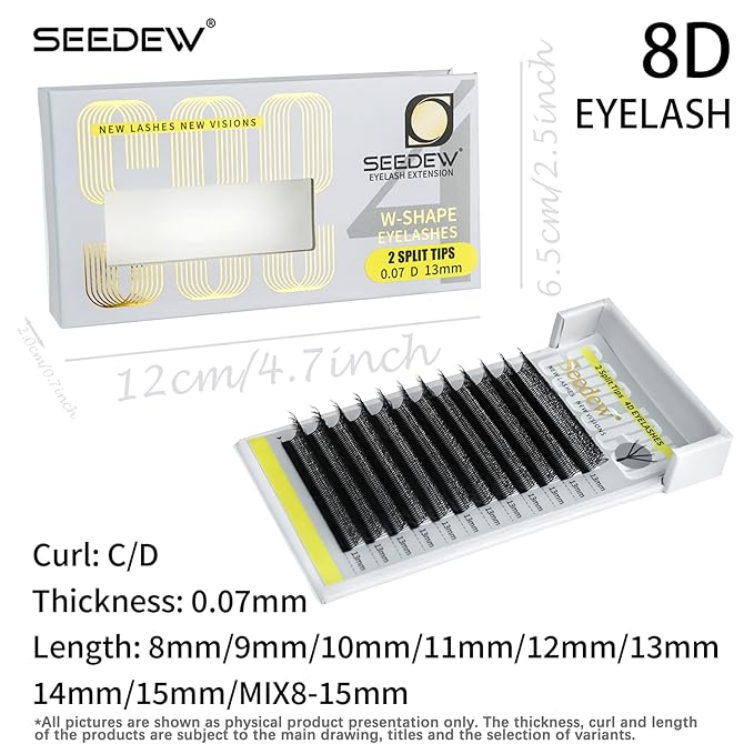 SEEDEW 4D-Double Tips Lash Extensions, 0.07mm C Curl MIX8-15mm 12 Rows/Tray, W Shape 4DD Flat Stem, PBT Volume Eyelashes for Beginner Artist, Lash Tech, Beauty Salon(4DD-Matte Black-0.07-C-MIX8-15mm)