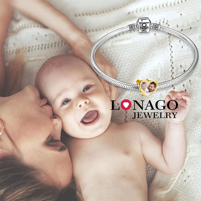 LONAGO 925 Sterling Silver Personalized Photo Charm Fit Compatible for Bracelet Necklace Customized Heart Round Shape Picture Bead