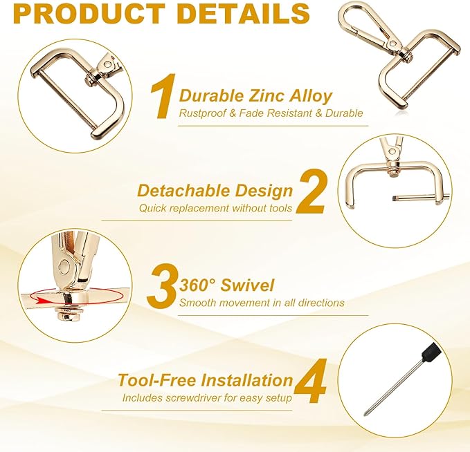 YELARXI Swivel Clasps Hook, 1-1/2 Inch ID Detachable Snap Hook W/Screw Bar D Ring Claw Clasp with Screwdriver Fit for Lanyard Bag Leather Craft Purse Hardware DIY Bag (4 Pack, Light Gold)