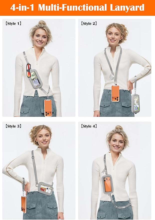 takyu Clip and Go Strap for Phone with Wallet Crossbody, 4-in-1 Hands-Free Phone Lanyard with Detachable Wallet Wristlet Strap, Convertible Crossbody Bags with ID Window for Women Travel, Grey