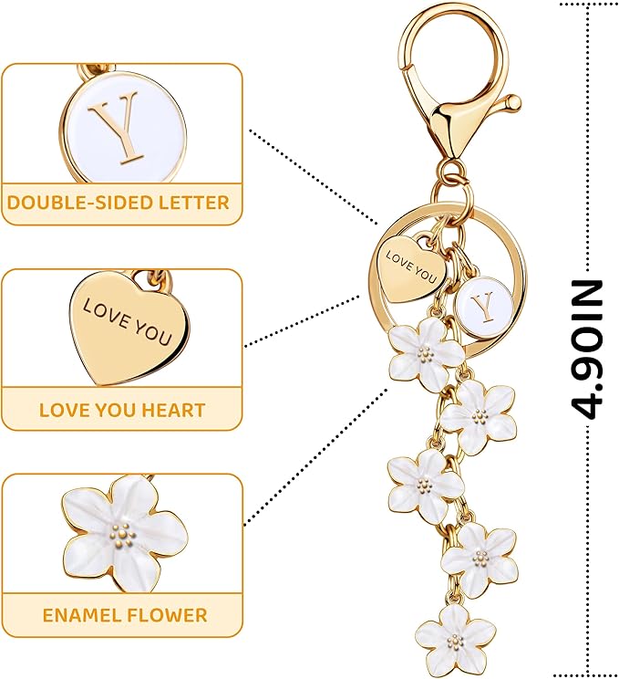Suweibuke Cute Initial Letter Keychain with Love You Heart, Enamel Flower Charm for Key Handbag Backpack - Women Girls Gifts