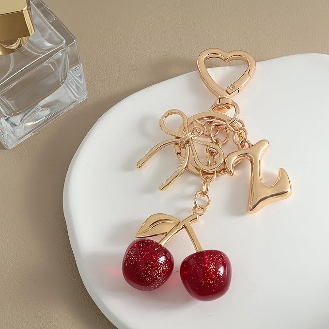 Snycler Bubble Initial Keychain with Cherry & Bow - Gold Letter Bag Charms for Women, Cute Purse Handbag Accessories