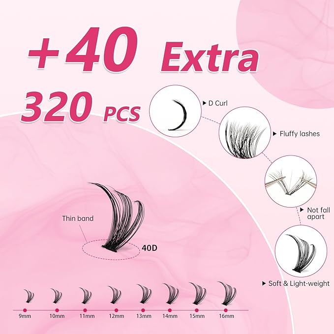 URNNE Lash Clusters 40D Eyelash Clusters 9-16mm Wispy Individual Lashes D Curl Cluster Eyelash Extensions 320pcs DIY Lash Extension （LD11）