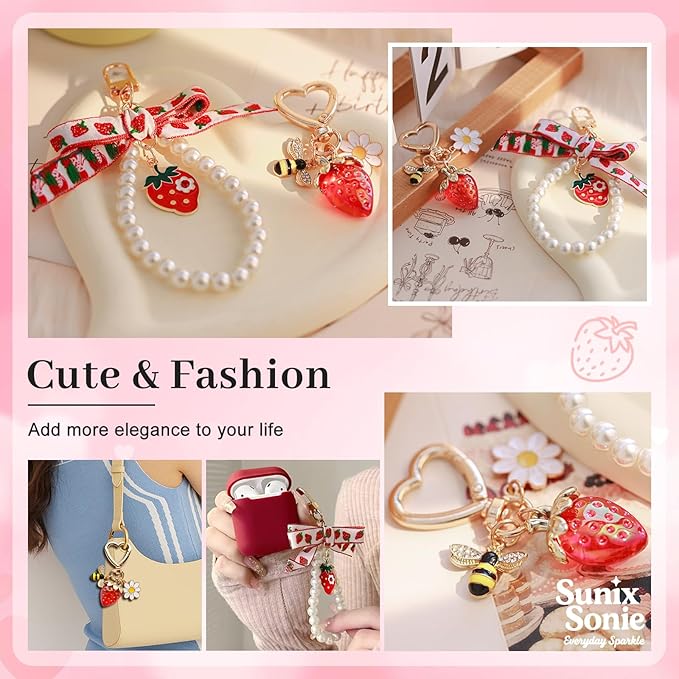 2Pcs Strawberry Keychain Charm Cute Bag Charms Flower Daisy Pearl Bow Keychain Strawberry gift for Women