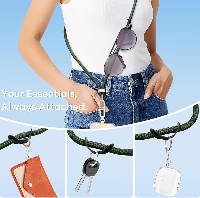 Adjustable Anti-Theft Phone Lanyard Neck & Crossbody Strap with 0.2mm Metal Tab & Comfort-Fit 8mm Rope(Dark Green)