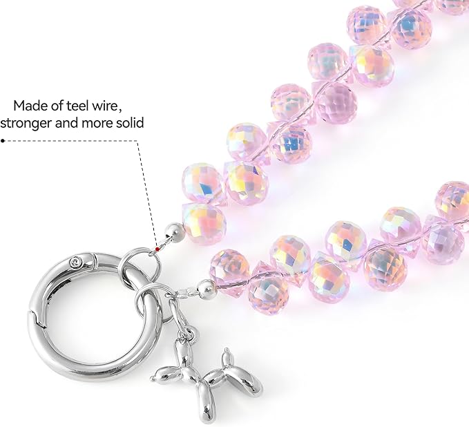 2pcs Crystal Phone Wrist Strap Phone Charm Chain Keychain Beaded Cellphone Lanyard with Tether Tab Hands-Free Wristlet Bracelet Wrist Grip Strap for Women, D-Pink AB