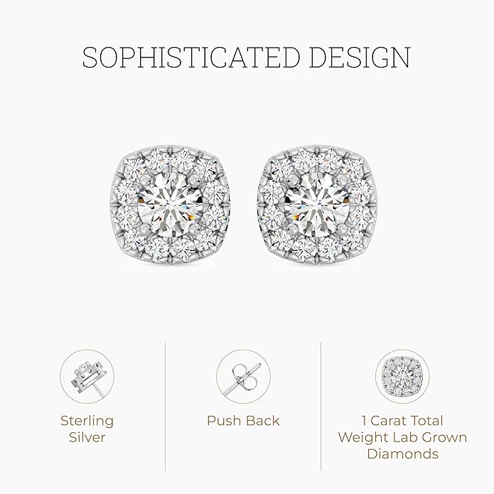 Gilded Lab-Grown Diamond Sterling Silver and 14KT Yellow Gold Plated Silver Stud Earrings for Women | Cushion Halo Shaped Studs | Hypoallergenic Fine Jewelry | Prong Setting, Push Back Nut | SI1 Clarity, F Color 1/4, 1/2, ,1 Carat Total Weight