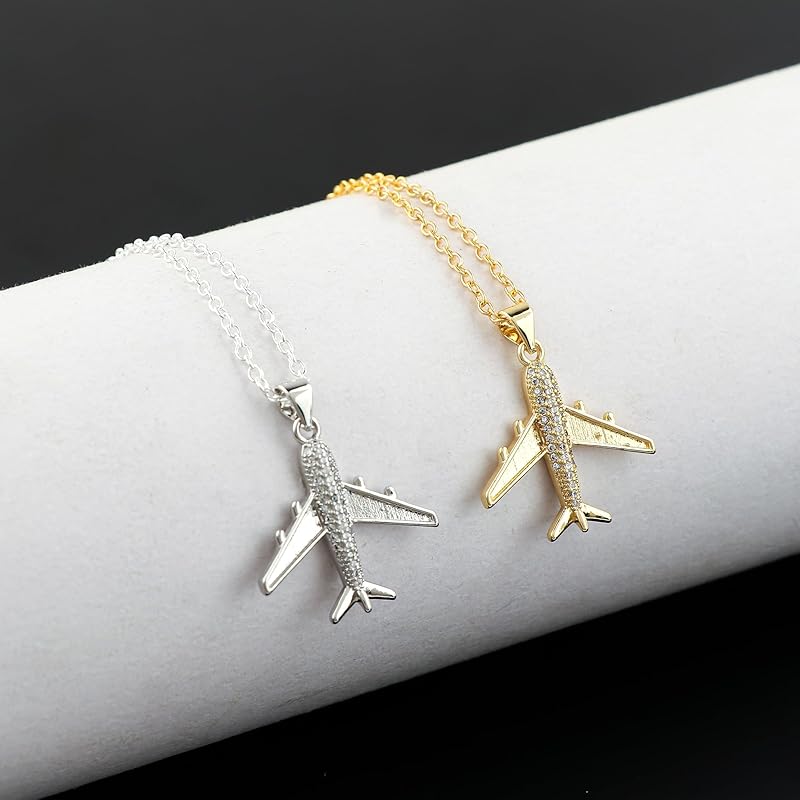 JOR Aeroplane Charm with CZ Pendant Necklace, Travel Lover Charm, Men & Women Unisex Jewelry, Dainty Gold & Silver Plated Combo Chain 18 inch (Pack of 2)