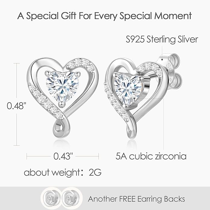 Zifeel Earrings for Women, S925 Sterling Silver Rose Gold Birthstone Heart Studs Earring for Girlfriend Wife, Anniversary Birthday Christmas Valentines Mothers Day Gifts Jewelry for Women Wife Her Mom