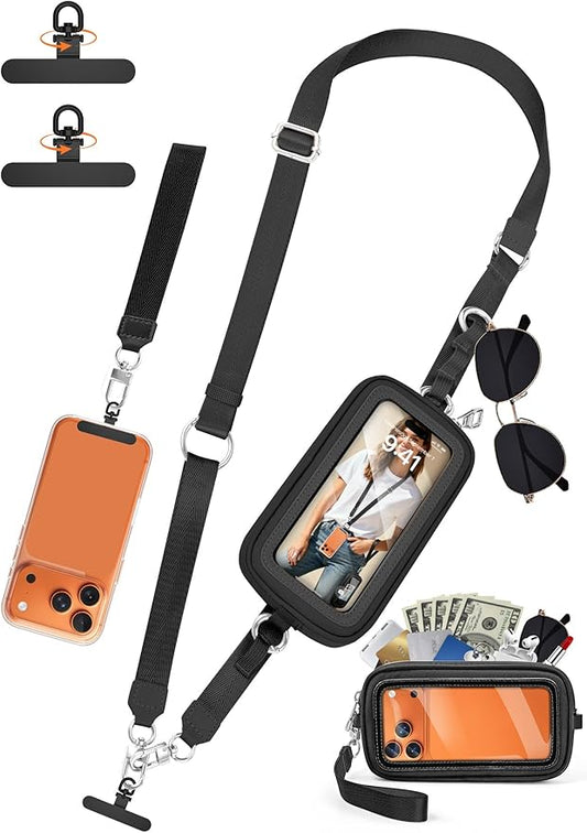 takyu Clip and Go Strap for Phone with Wallet Crossbody, 4-in-1 Adjustable Phone Lanyard with Detachable Wallet Wristlet Strap, Convertible Crossbody Bags with ID Window for Women Travel, Black