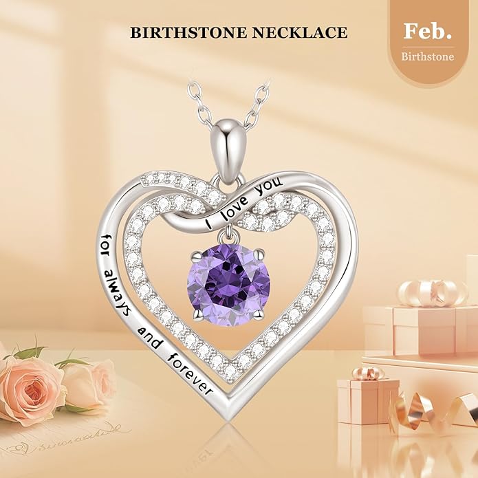 G&GEMSJEW Infinity Heart Birthstone Necklaces for Women, 925 Sterling Silver Jewelry, Pendant Heart Necklaces Birthday Anniversary Christmas Gift for Women Wife Mom Girlfriend Lady