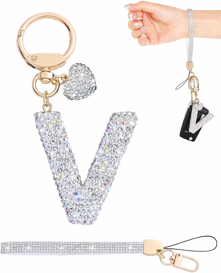Initial Keychain for Women Girls,Bling Letter Key chain Initial with Heart,Pink Keychain Charms for Backpack Handbag