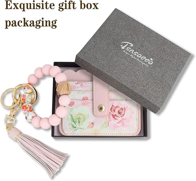 Keychain Wallet Wristlet Small Credit Card Holder Bracelet Key Chain Purse Bangle Tassel Beads Key Rings for Women