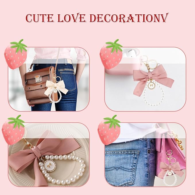 SMUOBT 2Pcs Cute Bow Keychain Wristlet for Women, Pearl Key Chains for Car Keys White Bowknot Keychain Accessories