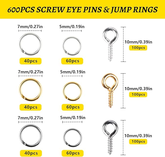 LEOBRO Screw Eye Pins, 600pcs Eye Pins for Jewelry Making, with Jump Rings, Small Screw Pins, Eye Hooks Mini Eye Screws for Crafts, Charms, Jewelry Keychain Making (Gold & Silver & Pearl Silver)