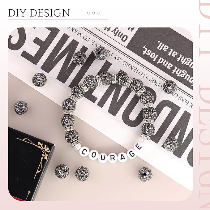 200 Pcs Hematite Rhinestone Beads for Jewelry Making, Sparkle Crystal Clay Christmas for Bracelet Baseball Necklace Earring Crafting and DIY, Shiny Round Shamballa Disco Ball Beads Bulk