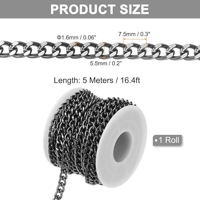 PATIKIL 16.4Ft Aluminium Curb Chains Twisted Links, 7.5x5.5mm Curb Chain Spool Jewelry Making Chains Craft Chain for Necklace Bracelet Earring, Black