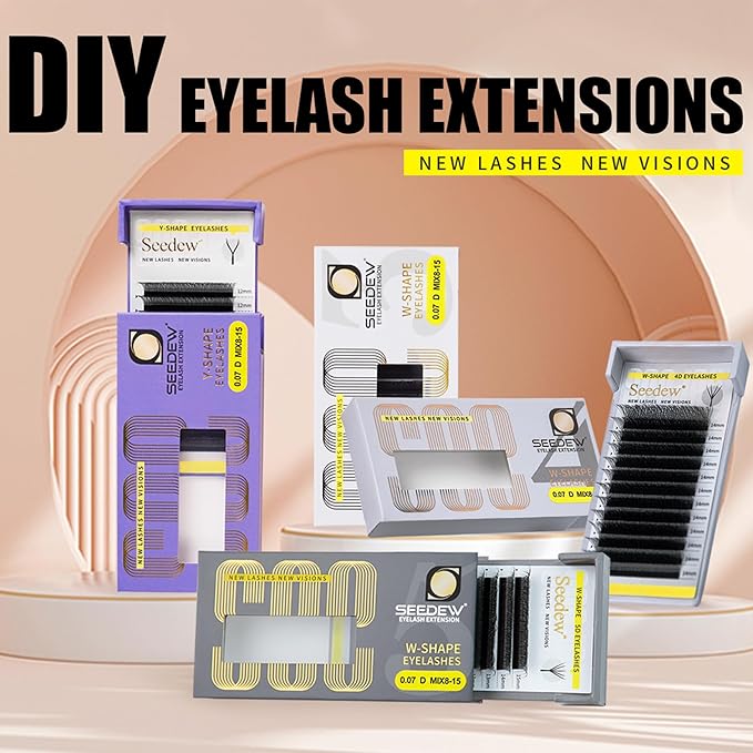SEEDEW 4D Lash Extensions, 0.07mm C Curl MIX8-15mm 12 Rows/Tray, W Shape Flat Stem, Korean PBT Volume Eyelash Grafting for Beginner Artist, Lash Tech, Beauty Salon(4D-Matte Black-0.07-C-MIX8-15mm)