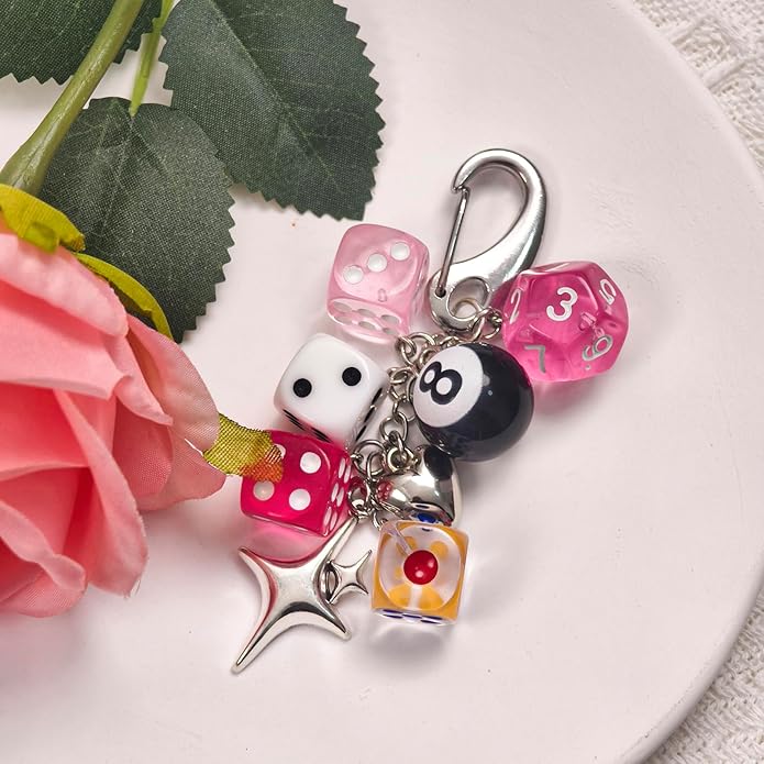 Y2K Keychain for Women, 8 Ball Dice Charm with Carabiner Clip - Cute Goth Core Keychain Bag Charm for Keys Bags Jeans