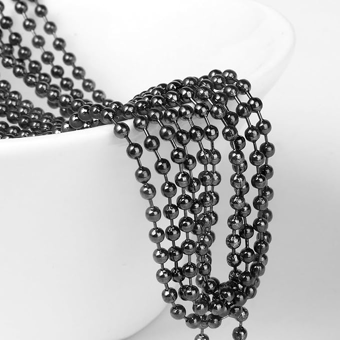 [50 Feet] Black Stainless Steel Ball Bead Chains Roll, 304 Stainless Steel Ball Chains Spool with 30 PCS Connectors Bulk for Jewelry Making