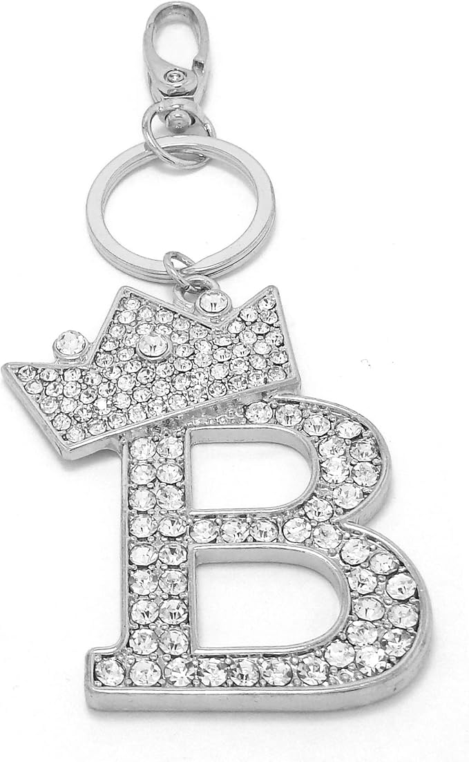 CBC Crown Crystal Rhinestone Letter Initial Keychain, Gold Metal, Bag Charm with Key Ring Approx. 2.17" x 2.56"