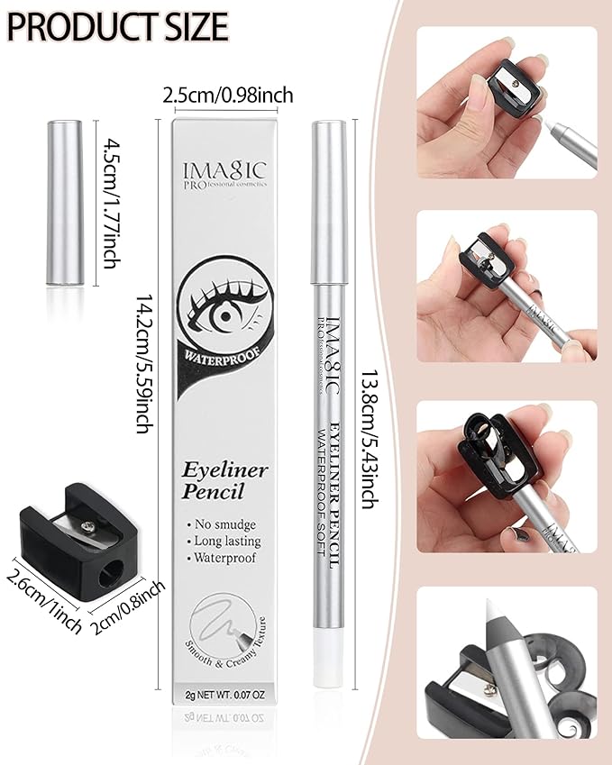 White Waterproof Gel Eyeliner Pens, Highlighter Eye Liner Pencil, Matte Long Lasting Super Smooth formula Eye Liner Eyeshadow Makeup Pen, Polished White Luster, with Pencil Sharpener-1Pcs