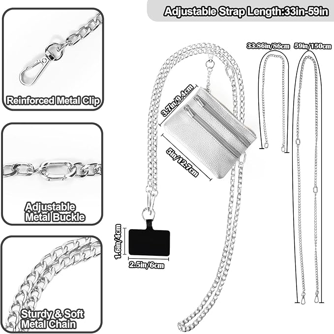 XANGNIER Clip and Go Strap for Phone with Wallet Crossbody, Phone Strap with Zippered Wallet, Adjustable Anti Theft Cellphone Lanyard for Women, Cellphone Chain Accessories,Chain Silver