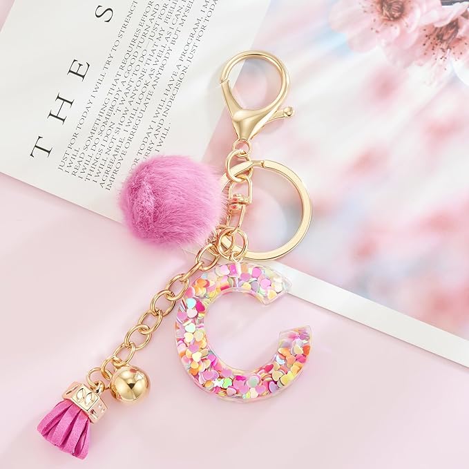 Resin Alphabet Initial Letter Keychain Keyring for Women Purse Handbags With Fur Ball Pom