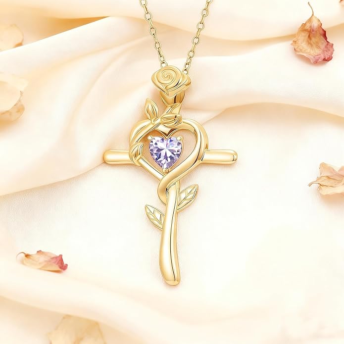 Midari 18K Yellow Gold Cross Pendant Rose Birthstone Necklaces for Women Christian Cross Jewelry with 12 Months Birthstone Birthday Gifts for Wife Her Daughter Mom