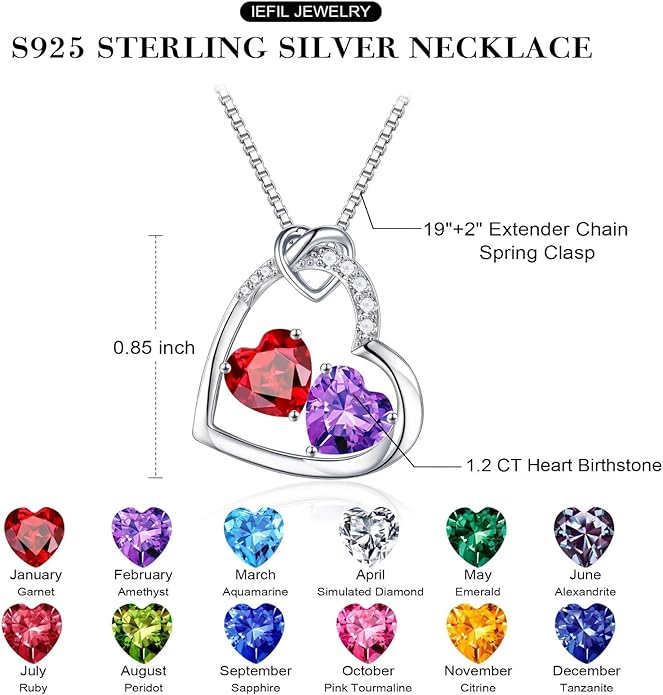 Iefil Valentines Day Gifts for Her - 925 Sterling Silver Heart Birthstone Necklace, Anniversary Birthday Gifts for Women Wife Girlfriend, Jewelry for Mom Daughter