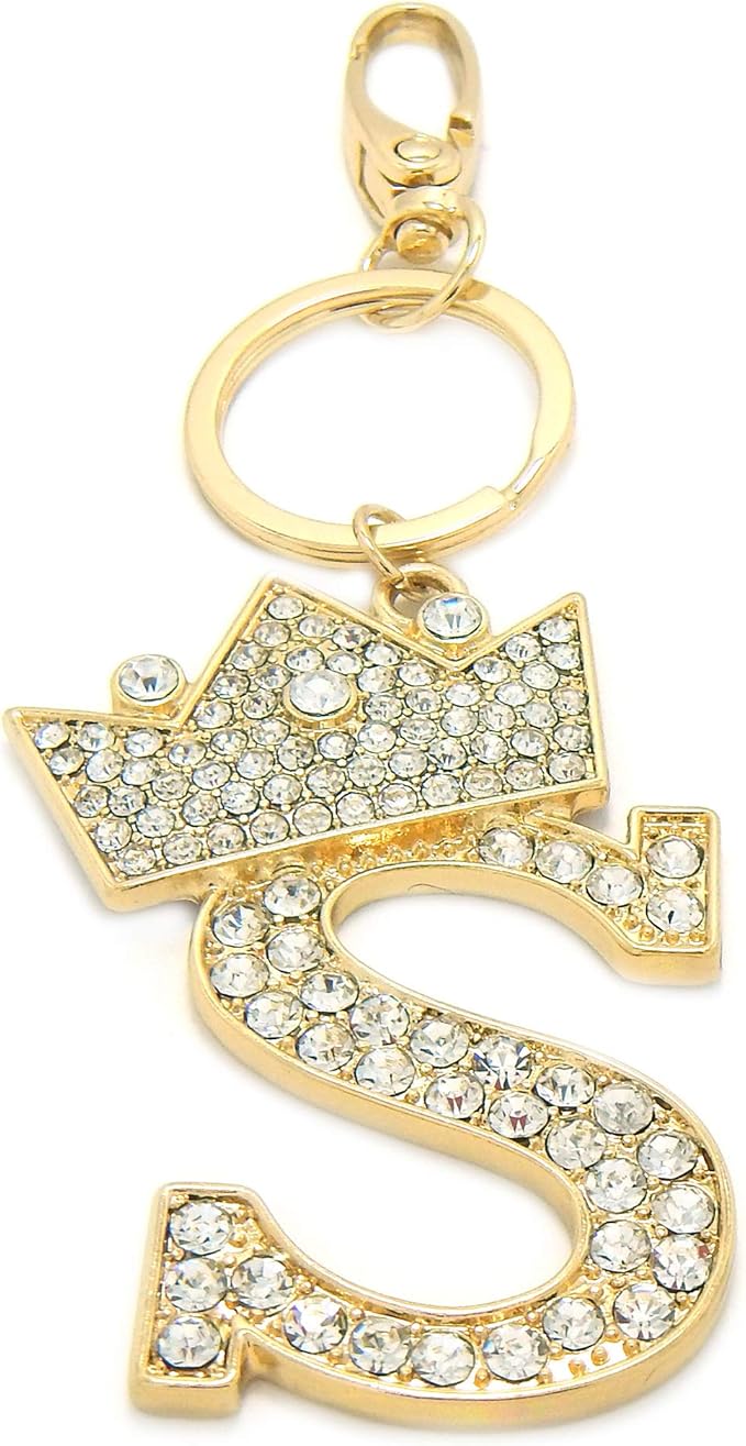 CBC Crown Crystal Rhinestone Letter Initial Keychain, Gold Metal, Bag Charm with Key Ring Approx. 2.17" x 2.56"
