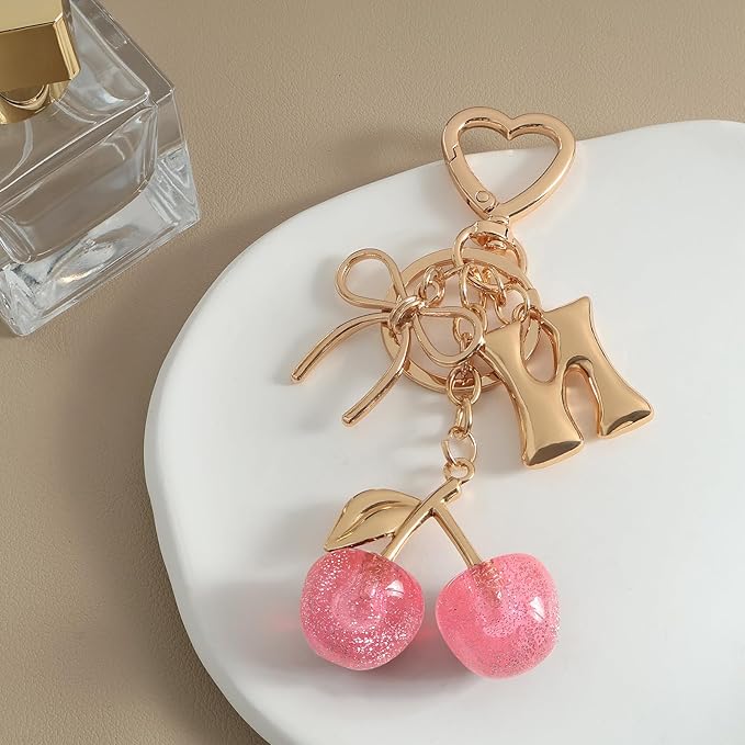Snycler Bubble Initial Keychain with Cherry & Bow - Gold Letter Bag Charms for Women, Cute Purse Handbag Accessories