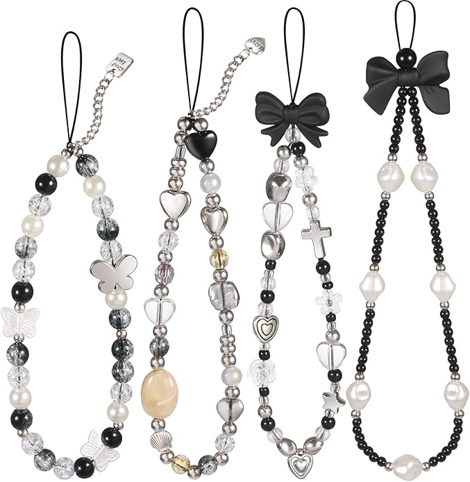 Draupnir 4pcs Phone Charms Strap, Butterfly Bow Camera Strap Wrist Beaded Phone Bracelet Wrist Straps, Pearl Bracelet Lanyard Keychain Charm for Women