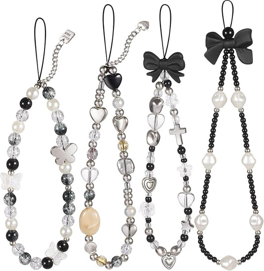 Draupnir 4pcs Phone Charms Strap, Butterfly Bow Camera Strap Wrist Beaded Phone Bracelet Wrist Straps, Pearl Bracelet Lanyard Keychain Charm for Women