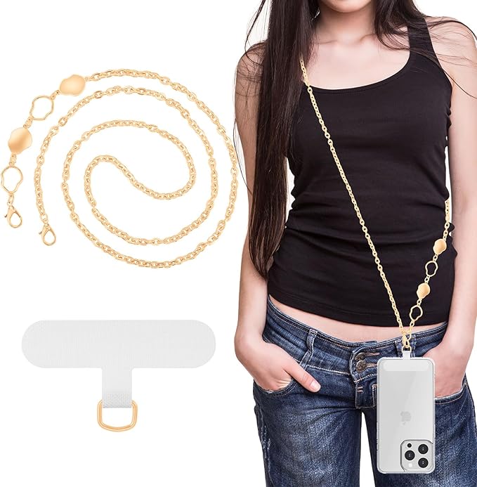 MoKo Universal Phone Lanyard, Metal Cell Phone Chain Crossbody Strap Anti-Theft Detachable Women Cellphone Lanyards Around The Neck with Patches for iPhone, Most Smartphones - Gold