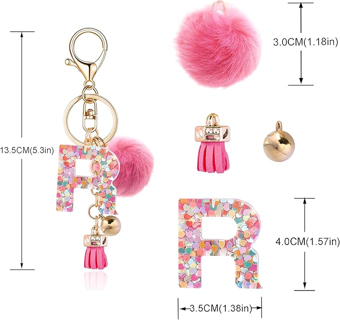 Resin Alphabet Initial Letter Keychain Keyring for Women Purse Handbags With Fur Ball Pom