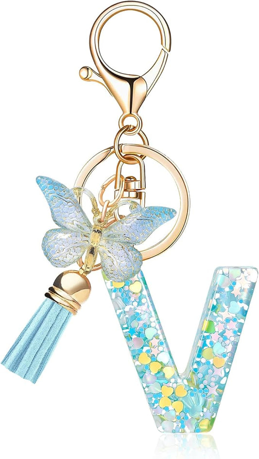 Fashion Alphabet Initial Letter Keychain Tassel Butterfly Pendant Key Ring for Purse Handbags Women Girl