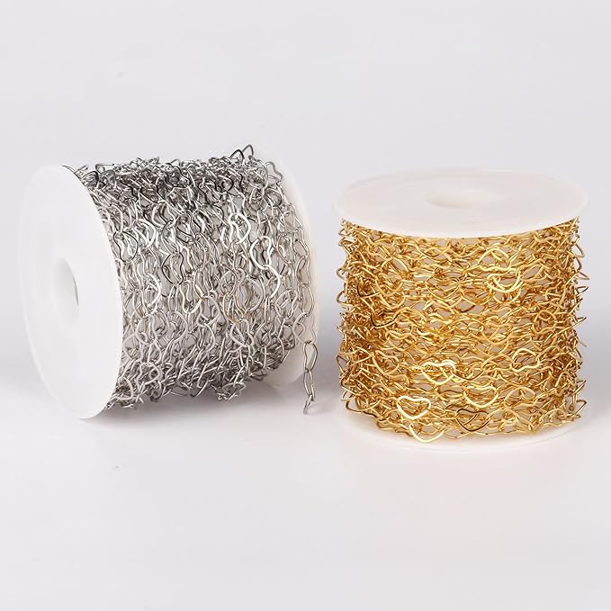 16.5FT Stainless Steel Heart Chain Roll, 304 Stainless Steel Heart Link Chain Spool Bulk for Jewelry Making Necklace Bracelet