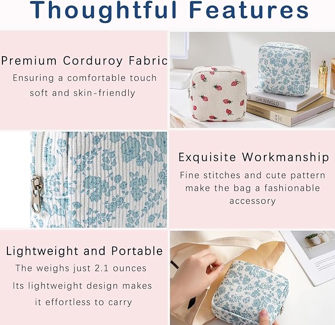 Cute Small Corduroy Zipper Makeup Bag, Mini Coquette Aesthetic Pouch with Flower Pattern for for Purse,Key Pocket Lipstick Bag Card Holder Data Cable Organizer for Women Girls (07Lightblue Flower)