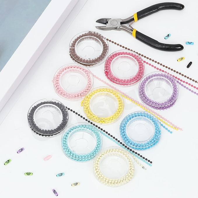 Swpeet 10 Colors 1m/3.28ft × 2.4mm Plated Ball Beaded Chains with 1Pc Pliers and 100 Pcs Connectors Kit, Bead Link Dog Tag Chain Roll, Necklace Chains, Pull Chain Roll Spool Ball for Keychain Tags