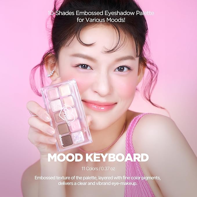 lilybyred Mood Keyboard | 10-Shade Korean Eyeshadow Palette, Highly Pigmented, Matte, Shimmer & Jelly Glitter, Smooth. Blendable, Long-Lasting, Dome-Shaped Design, 0.37 oz. (10 Milky Cherry Recording)