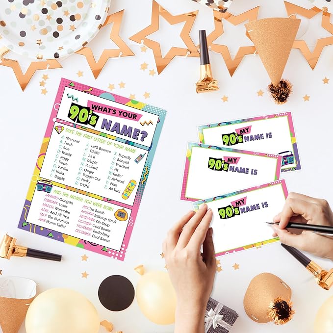 90s Theme Party Decorations, 90'S Theme Birthday Party Sign Decoration for Boys Girls, Kids Activity Cards, What's Your 90'S Name, Activity Decoration Supplies