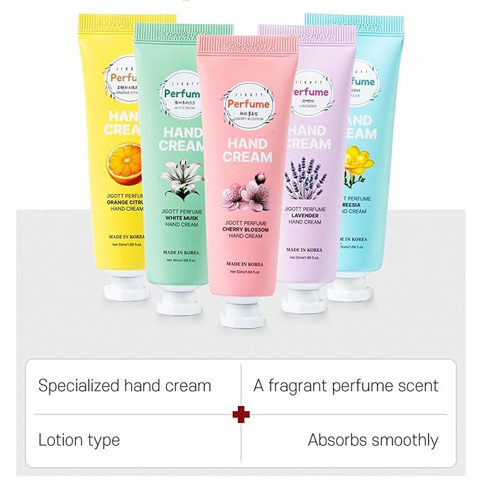 Perfume Hand Cream Gift Set for Women – 5 Scented Mini Lotions (Lavender, Citrus, Musk, Cherry Blossom, Freesia) – Moisturizing Non-Greasy Travel Size K-Beauty Hand Cream Set